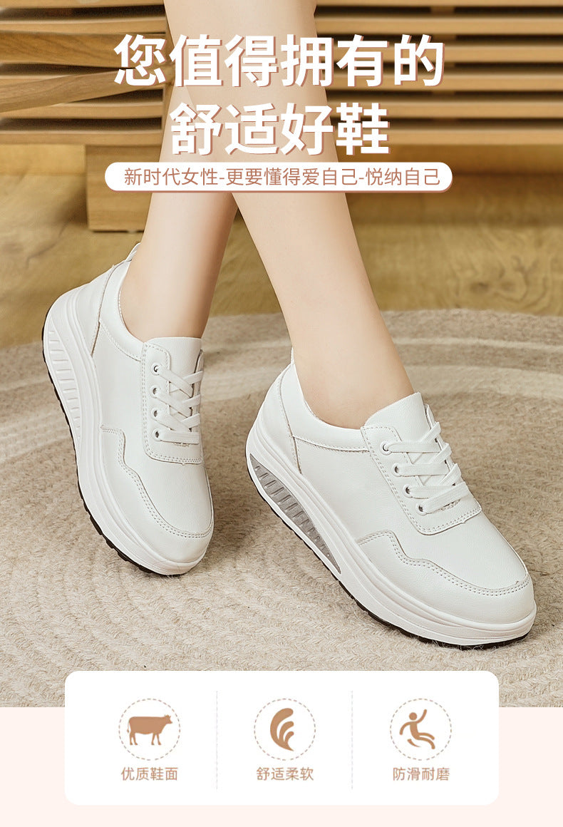 Baskets blanches populaires pour femme : modèle « rocking » (semelle incurvée) respirant – Idéales pour le sport et la marche (printemps/automne) – Semelles épaisses