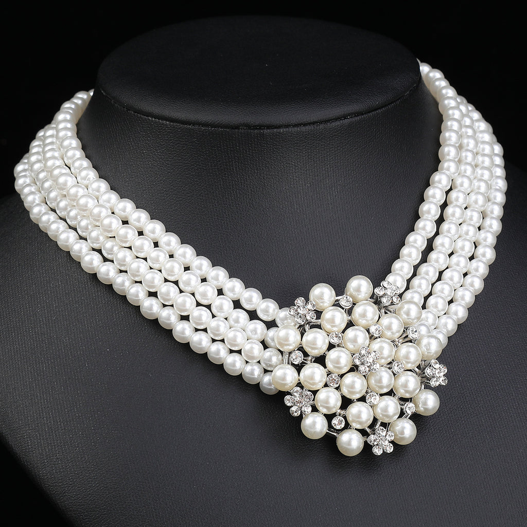 Cross-border Jewelry suit Women's Multi-row Pearl Necklace Earrings Three-piece Bridal Wedding Dress Accessories All-match Factory