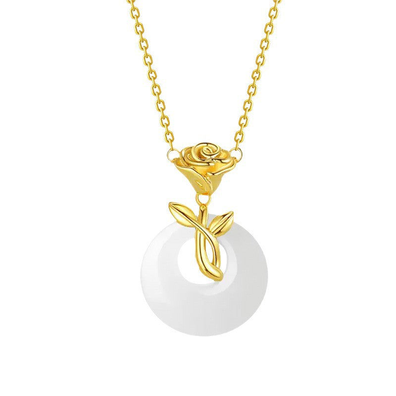 Classic S925 Sterling Silver Necklace for Women, New Chinoiserie Rose and Field Jade Pendant, Simple Accessible Luxury Niche Accessories