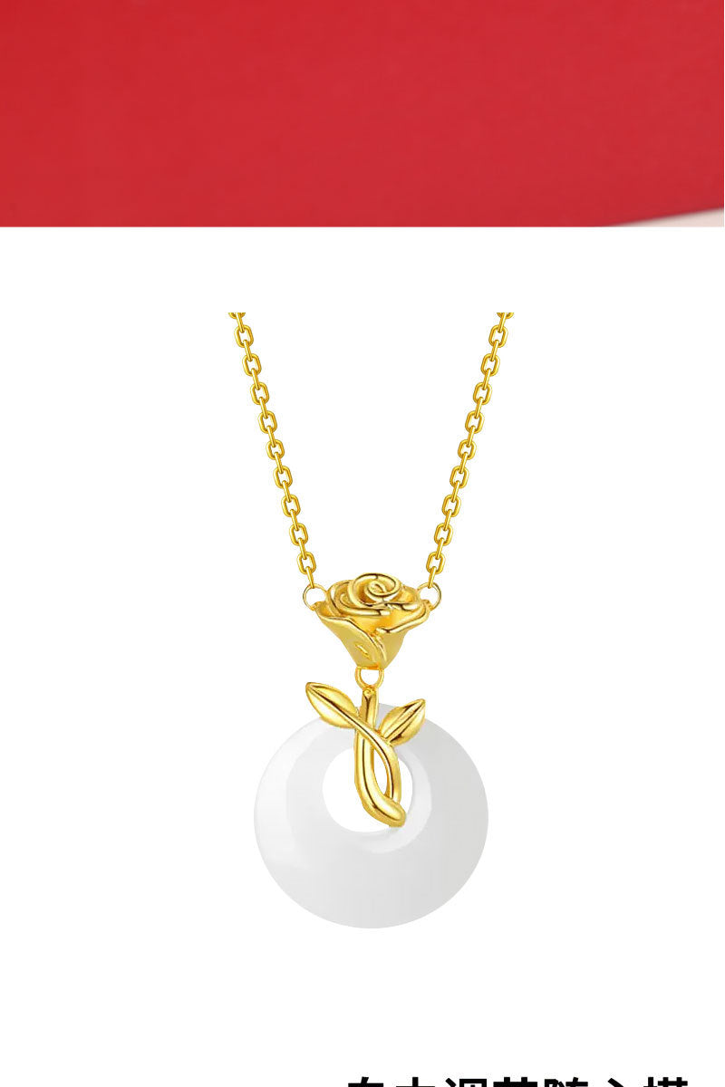 Classic S925 Sterling Silver Necklace for Women, New Chinoiserie Rose and Field Jade Pendant, Simple Accessible Luxury Niche Accessories