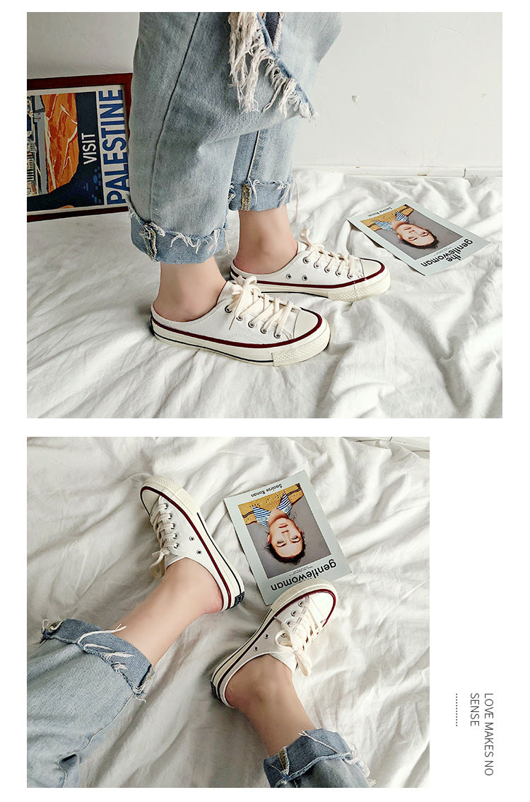 Mules en toile pour femme – Style coréen polyvalent 2025 – Slip-on sans talon façon « chaussons » tendance pour étudiantes