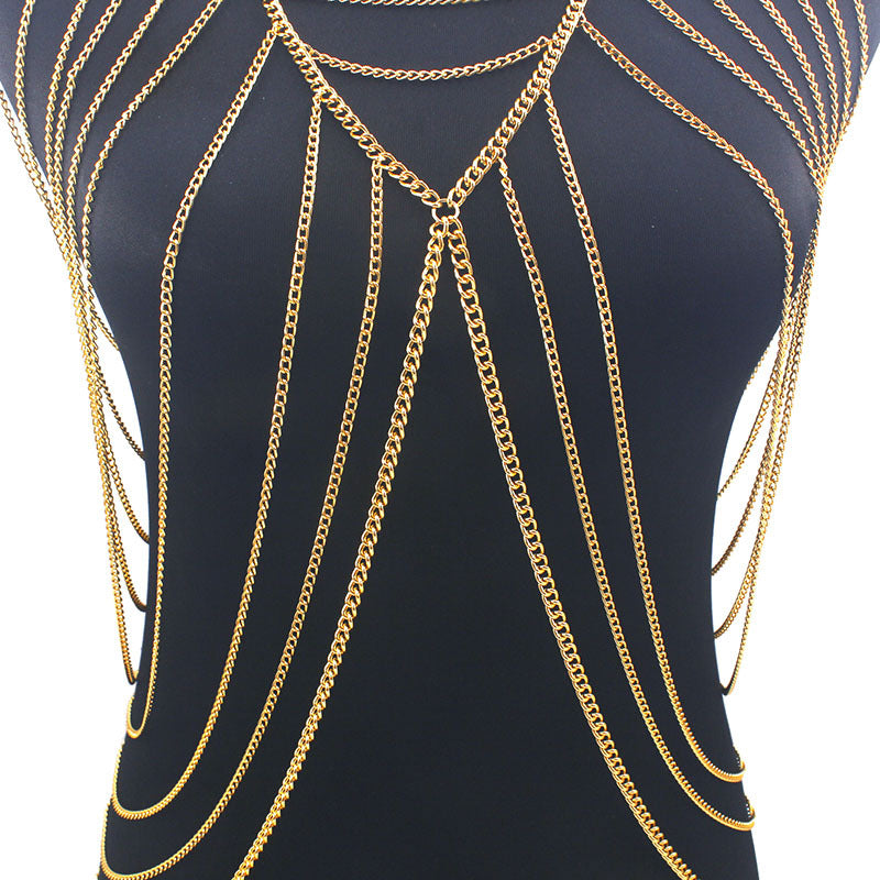 Cross-border jewelry European and American fashion personality punk style metal long multi-layer tassel body chain sexy clothing accessories