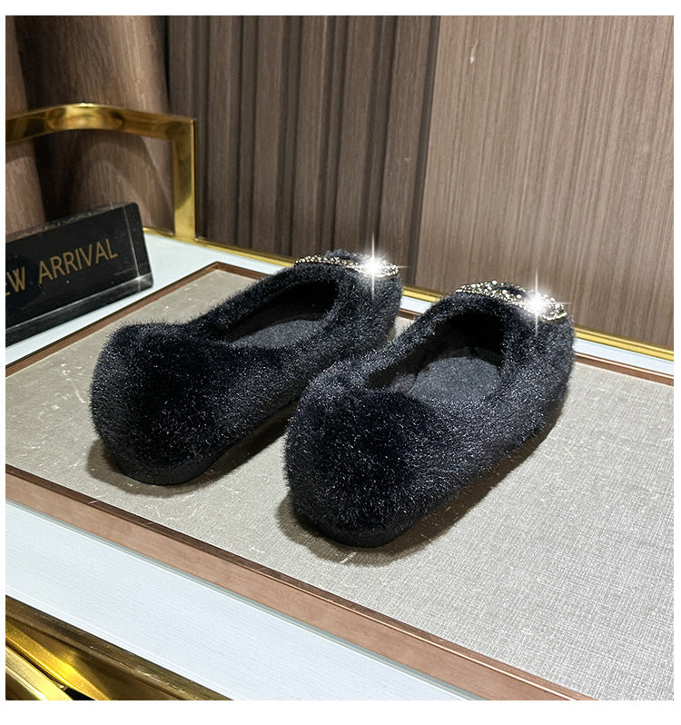 Nouvelles chaussures d'hiver fourrées pour femmes (2025) – Style coréen, bout carré, doublure en polaire et détails en strass, chaussures en coton pour femmes