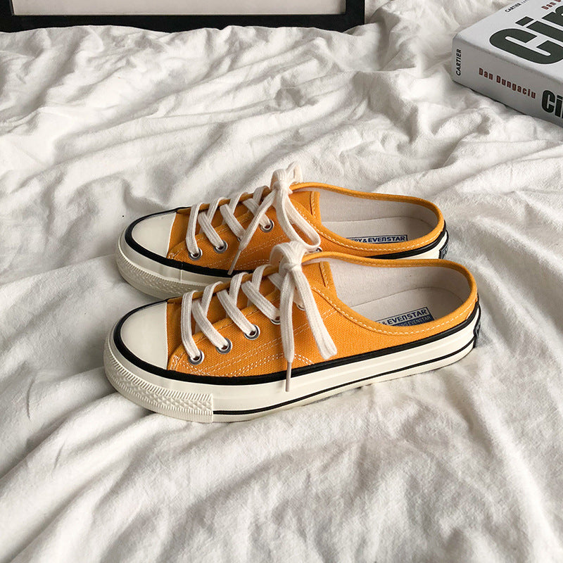 Mules en toile pour femme – Style coréen polyvalent 2025 – Slip-on sans talon façon « chaussons » tendance pour étudiantes