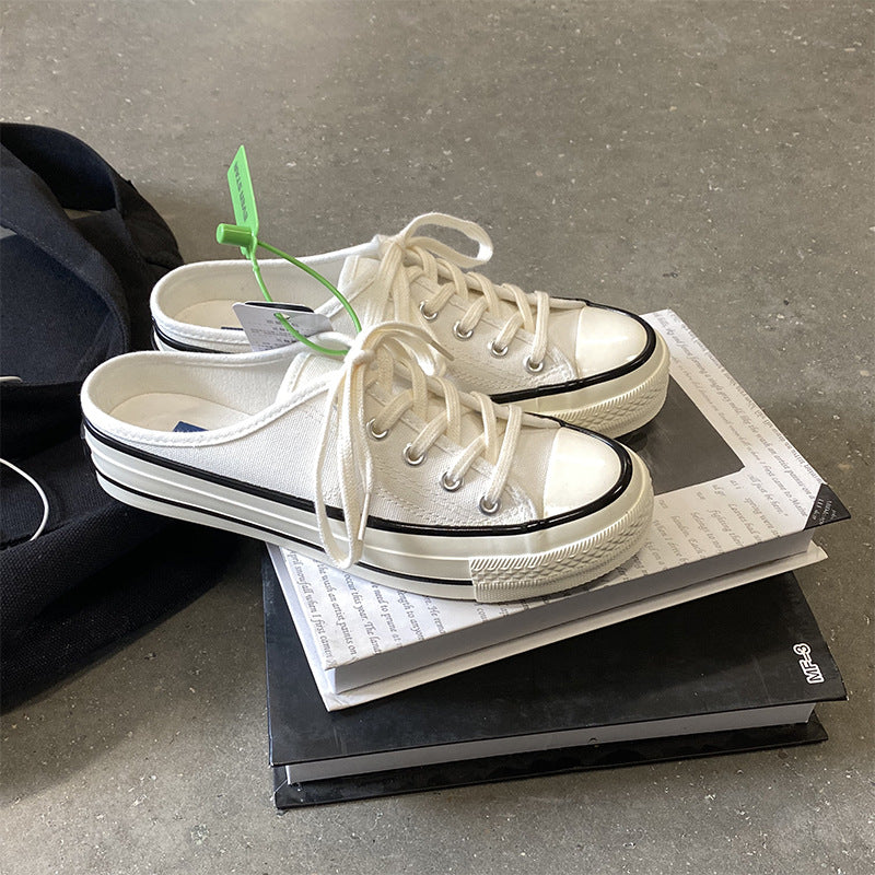 Mules en toile pour femme – Style coréen polyvalent 2025 – Slip-on sans talon façon « chaussons » tendance pour étudiantes