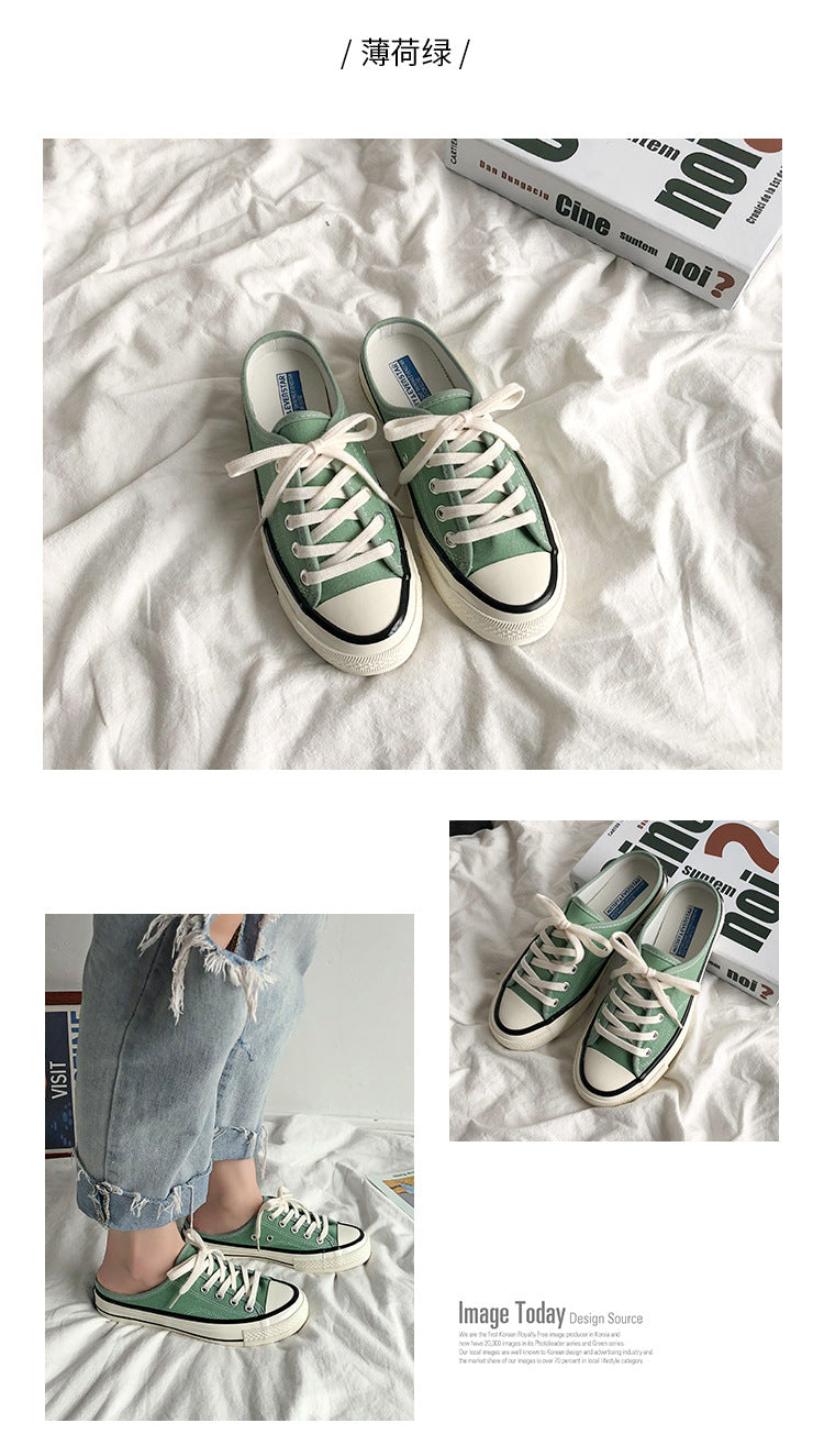 Mules en toile pour femme – Style coréen polyvalent 2025 – Slip-on sans talon façon « chaussons » tendance pour étudiantes