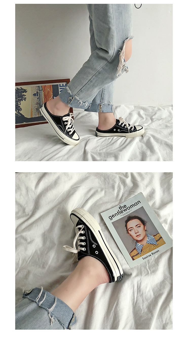 Mules en toile pour femme – Style coréen polyvalent 2025 – Slip-on sans talon façon « chaussons » tendance pour étudiantes