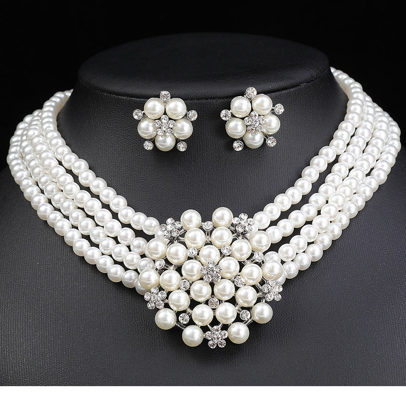 Cross-border Jewelry suit Women's Multi-row Pearl Necklace Earrings Three-piece Bridal Wedding Dress Accessories All-match Factory