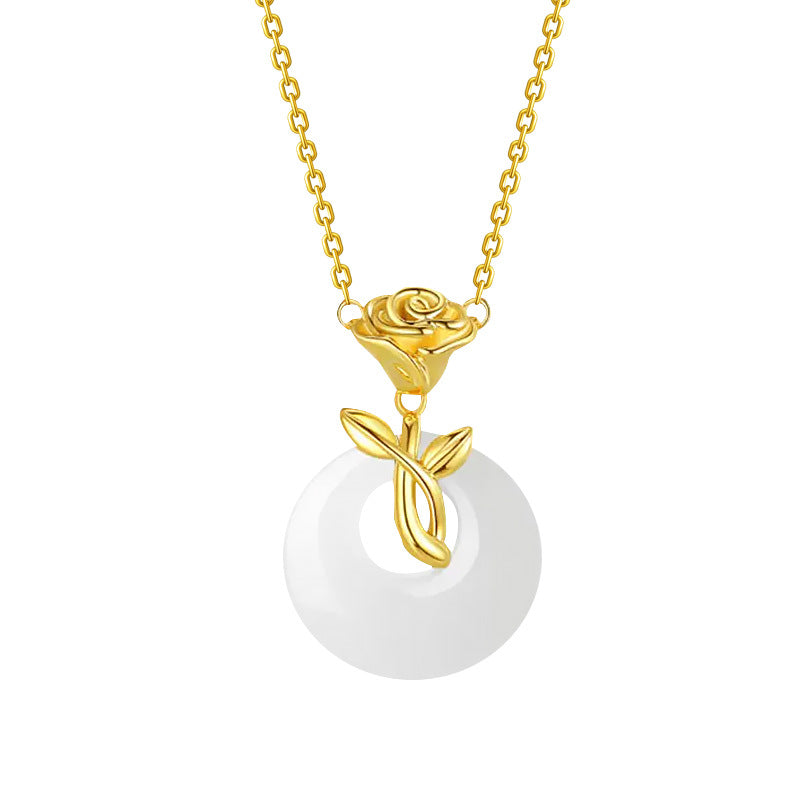 Classic S925 Sterling Silver Necklace for Women, New Chinoiserie Rose and Field Jade Pendant, Simple Accessible Luxury Niche Accessories