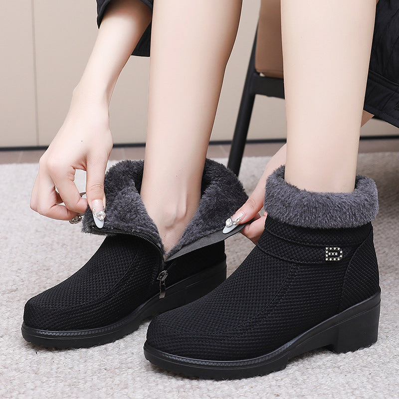 Winter new wedge women's shoes 2024 middle-aged mother non-slip short boots fleece-lined padded warm cotton shoes a generation of hair