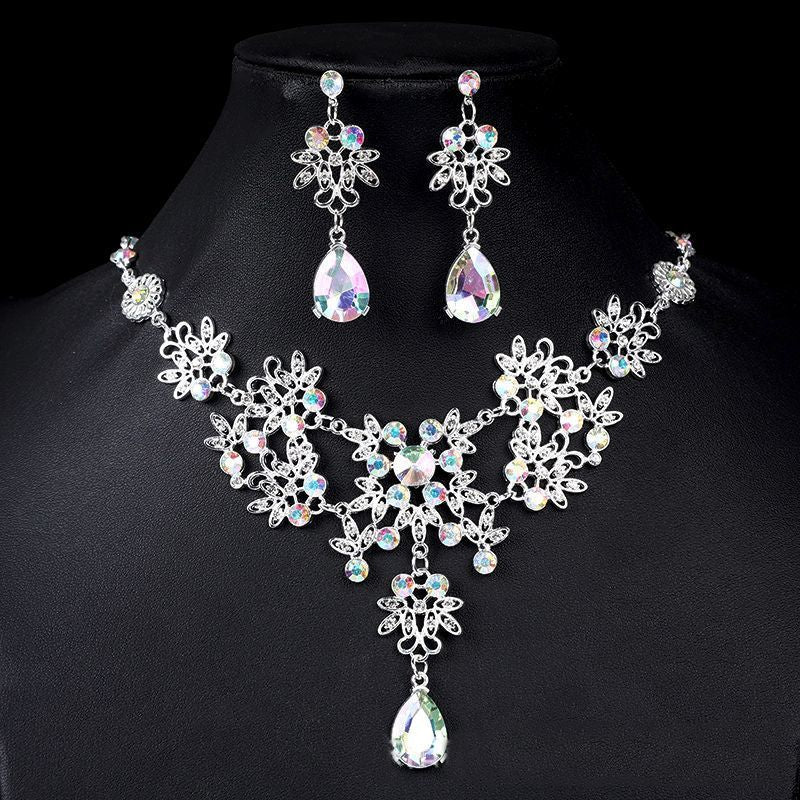 European Bride Necklace Earrings Rhinestone Jewelry Cross-border Bride Wedding Dress Modeling Shooting Water Drop Necklace Accessories