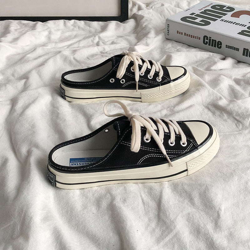Mules en toile pour femme – Style coréen polyvalent 2025 – Slip-on sans talon façon « chaussons » tendance pour étudiantes