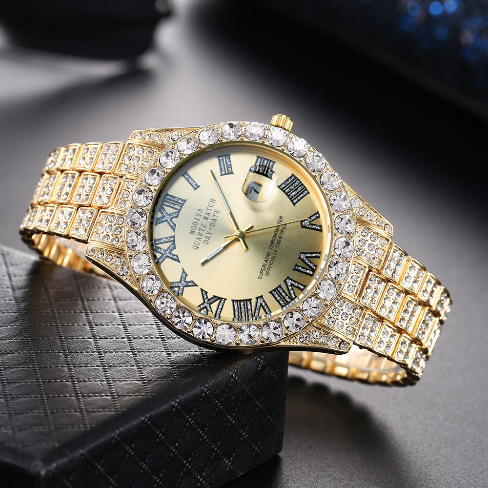 [Bross-Border Hot Item] 16-Piece Set of Various Diamond-Encrusted Watches, Diamond-Shaped Cuban Bracelets and Necklaces, Three-Piece Set