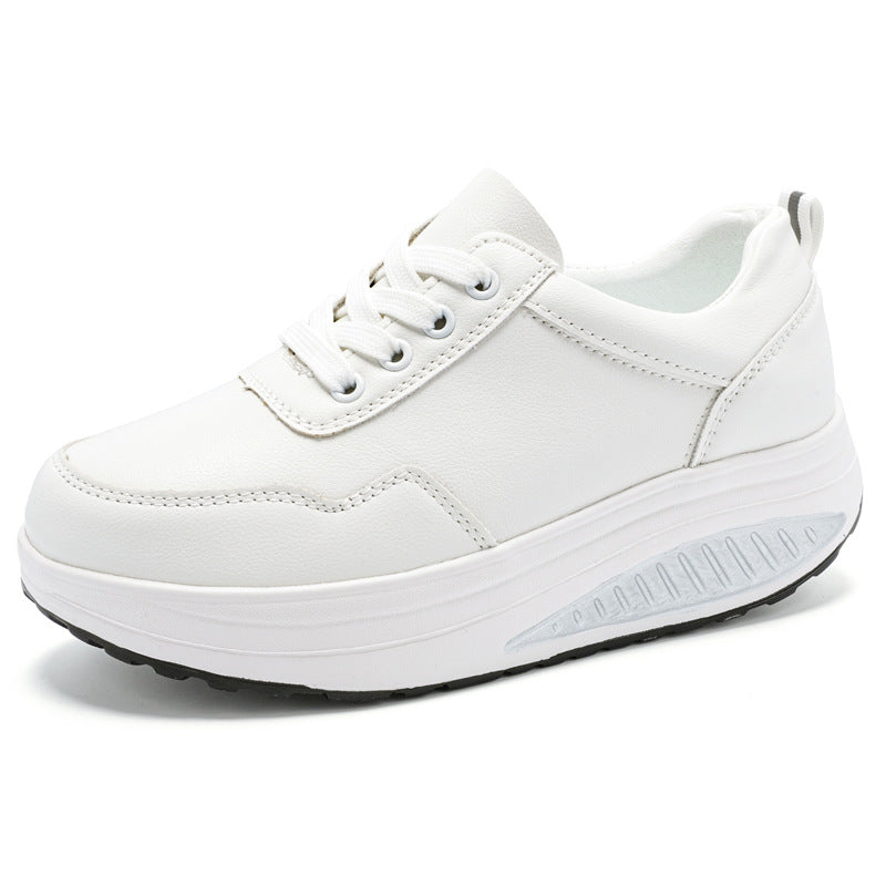 Baskets blanches populaires pour femme : modèle « rocking » (semelle incurvée) respirant – Idéales pour le sport et la marche (printemps/automne) – Semelles épaisses