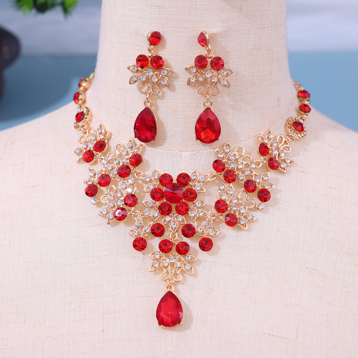 European Bride Necklace Earrings Rhinestone Jewelry Cross-border Bride Wedding Dress Modeling Shooting Water Drop Necklace Accessories