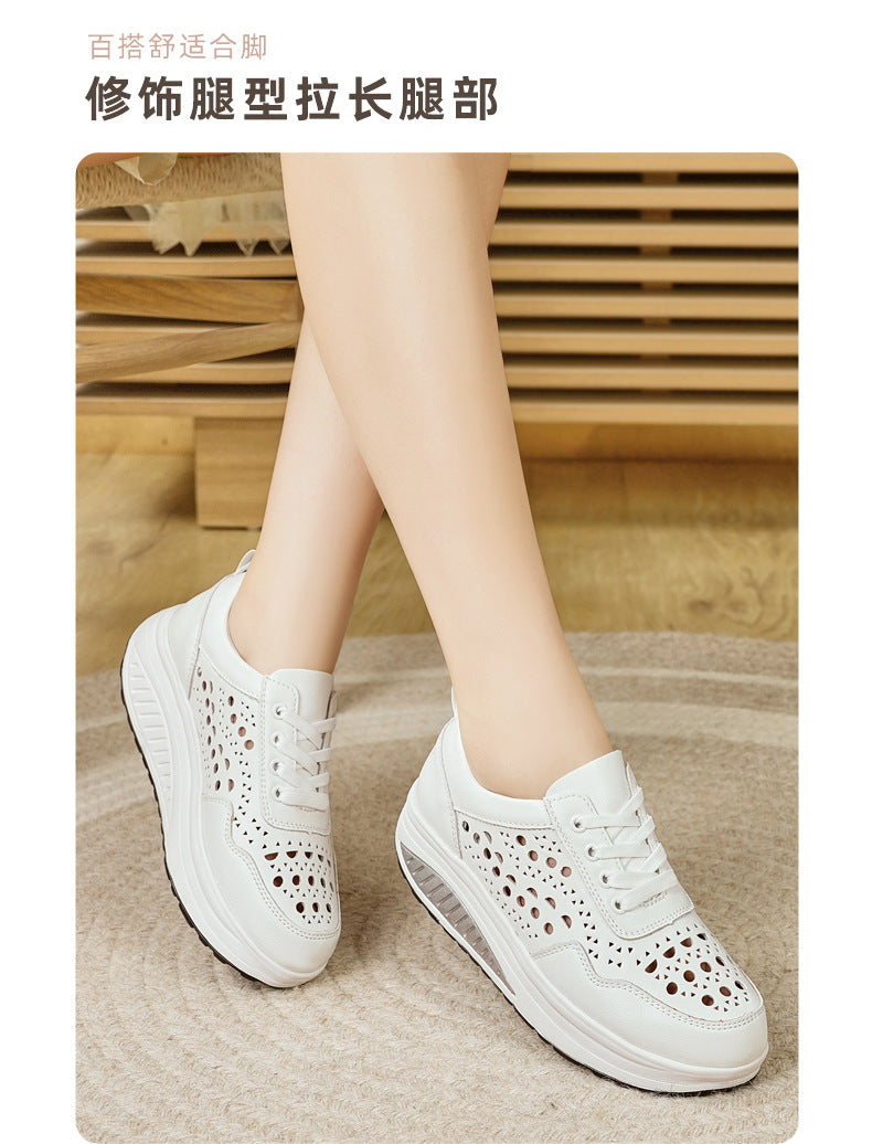 Baskets blanches populaires pour femme : modèle « rocking » (semelle incurvée) respirant – Idéales pour le sport et la marche (printemps/automne) – Semelles épaisses