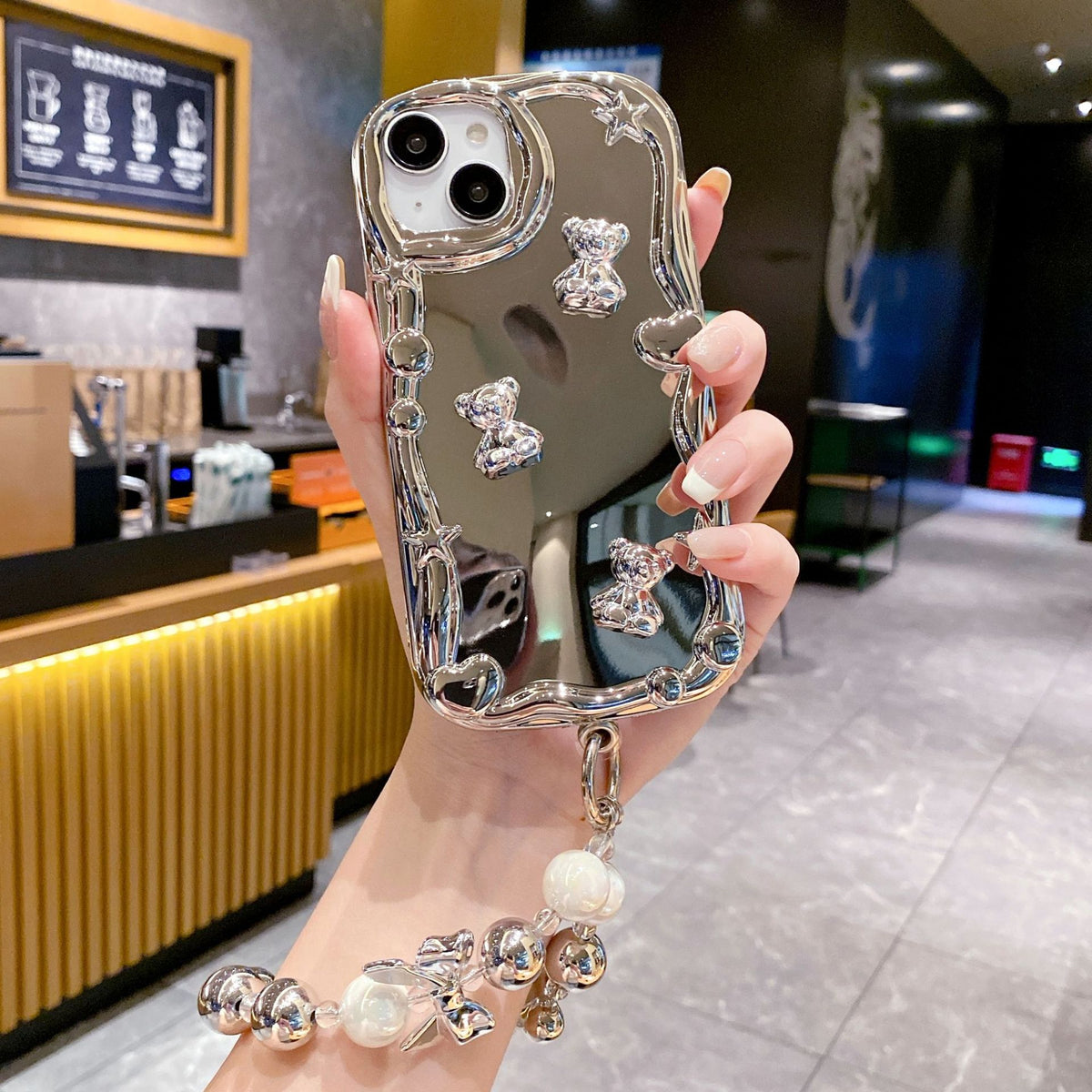 Electroplated Mirror iPhone16 Phone Case Love Bracelet Apple 15 Silver Bear 14 Anti-drop 13 Soft Case