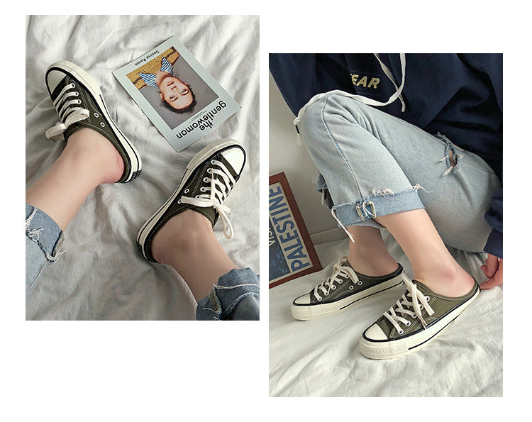 Mules en toile pour femme – Style coréen polyvalent 2025 – Slip-on sans talon façon « chaussons » tendance pour étudiantes