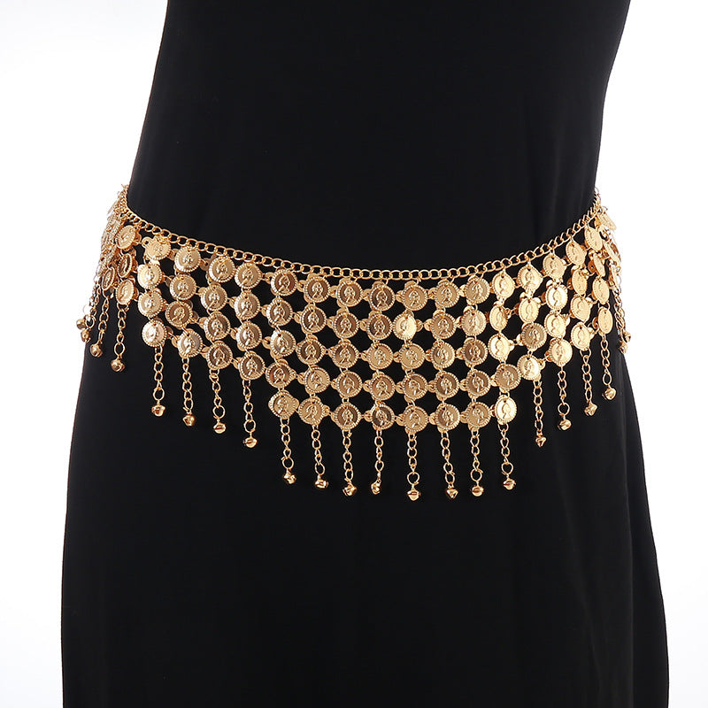 Chaîne de taille bohème avec pendentifs clochettes – Ceinture rétro style ethnique avec portrait – Accessoire vintage original et polyvalent