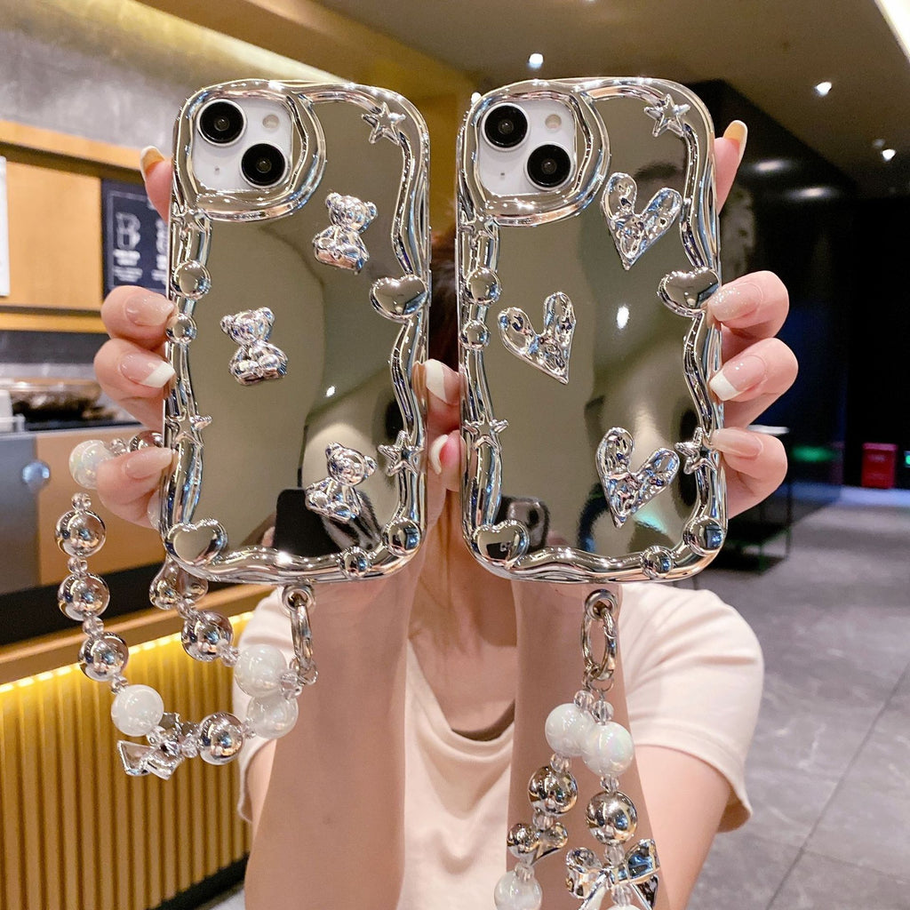 Electroplated Mirror iPhone16 Phone Case Love Bracelet Apple 15 Silver Bear 14 Anti-drop 13 Soft Case