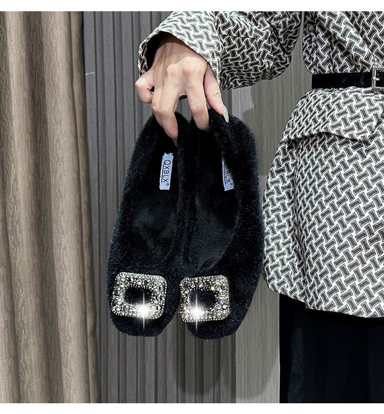 Nouvelles chaussures d'hiver fourrées pour femmes (2025) – Style coréen, bout carré, doublure en polaire et détails en strass, chaussures en coton pour femmes