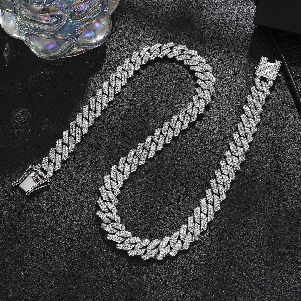 [Bross-Border Hot Item] 16-Piece Set of Various Diamond-Encrusted Watches, Diamond-Shaped Cuban Bracelets and Necklaces, Three-Piece Set