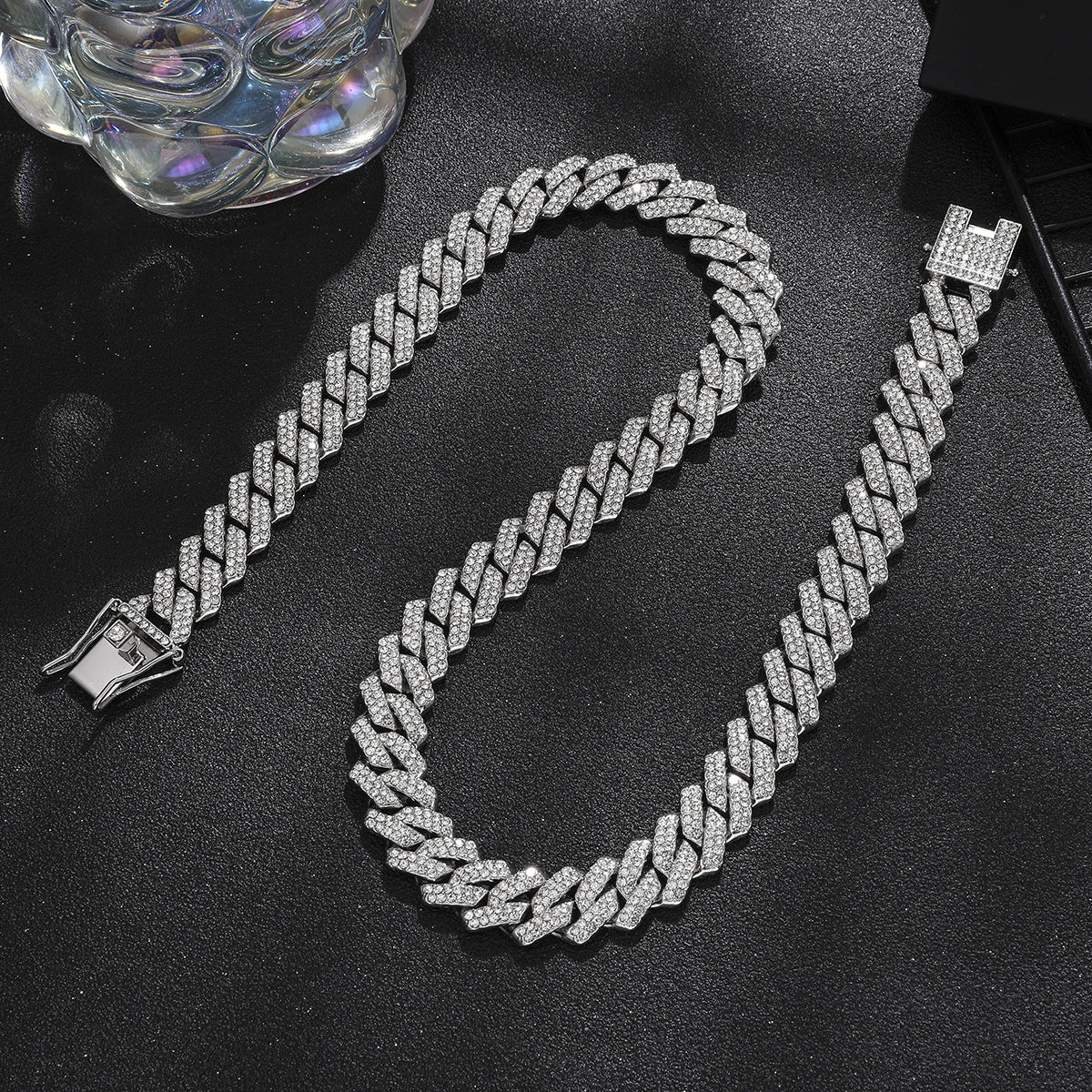 [Bross-Border Hot Item] 16-Piece Set of Various Diamond-Encrusted Watches, Diamond-Shaped Cuban Bracelets and Necklaces, Three-Piece Set