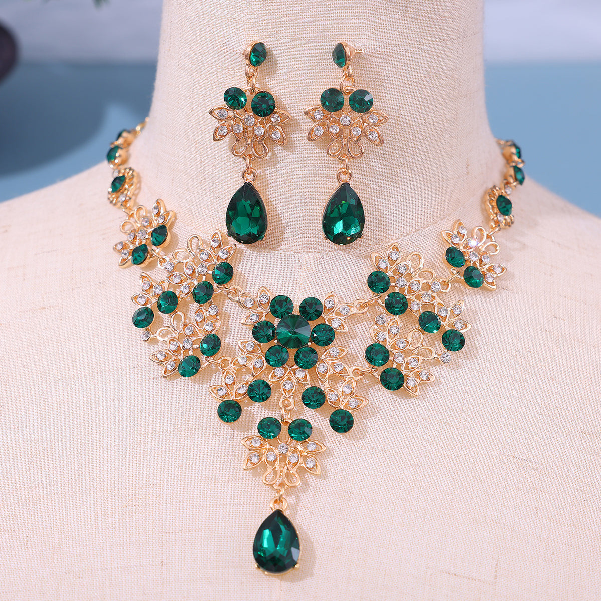 European Bride Necklace Earrings Rhinestone Jewelry Cross-border Bride Wedding Dress Modeling Shooting Water Drop Necklace Accessories