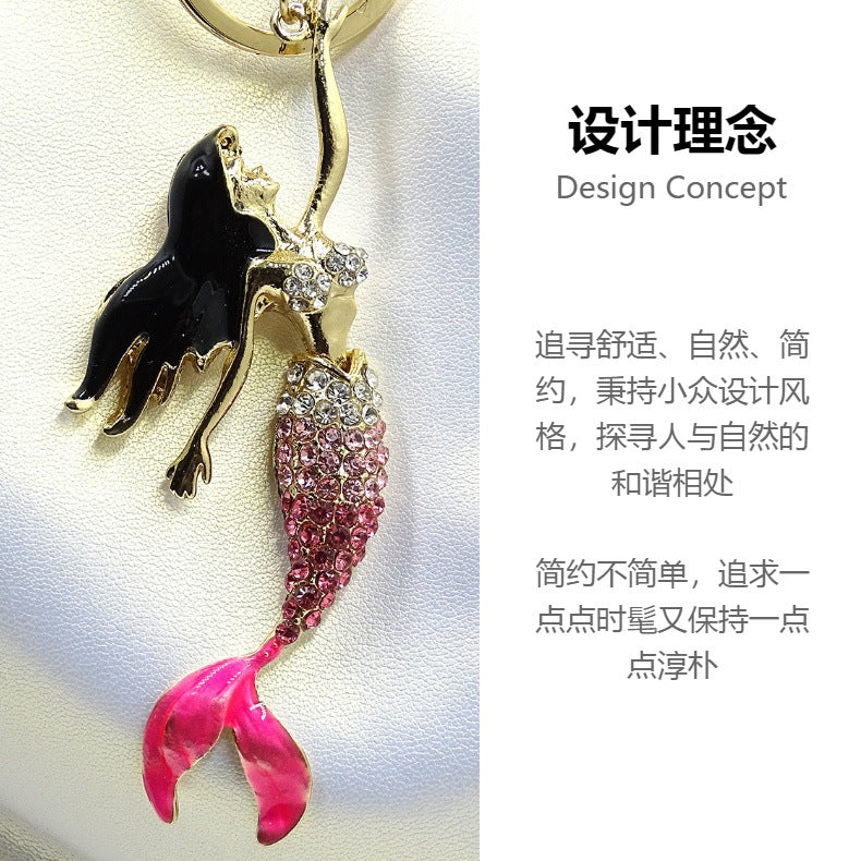 Creative Jewelry Stereo Diamond Enamel Mermaid Keychain Car Hanging Women's Bag Accessories Metal Key Ring