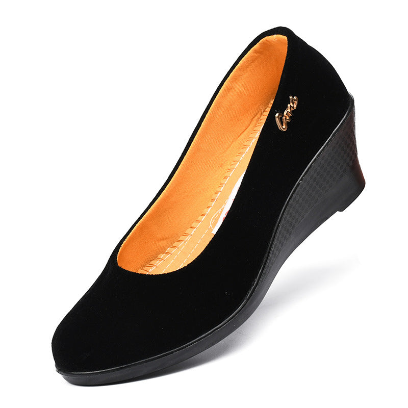 Chaussures noires en polyuréthane pour femme : semelles épaisses et talons compensés – Adaptées aux cérémonies ou au travail (hôtellerie) – Style traditionnel « Vieux Pékin »