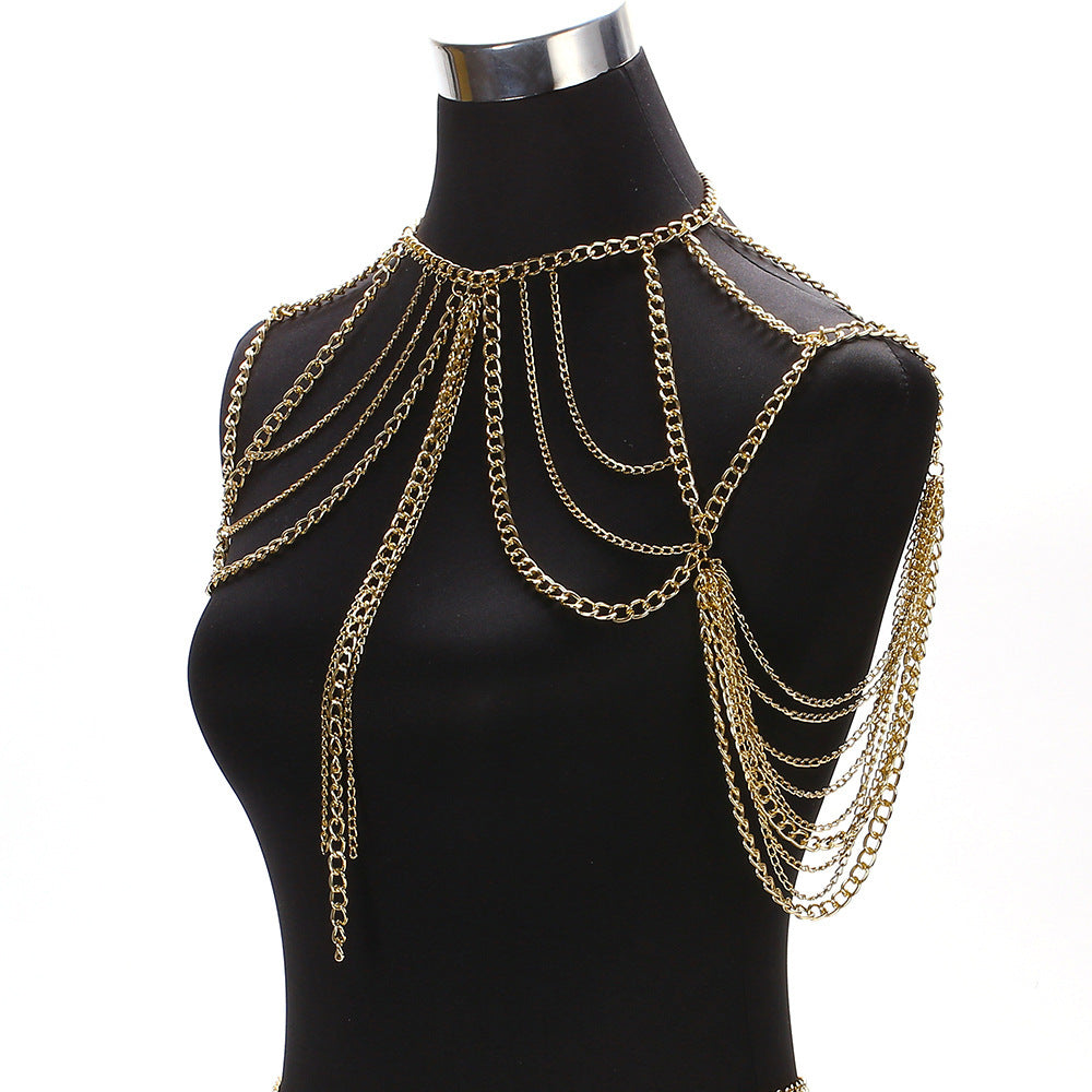 Cross-border explosive jewelry ladies sexy multilayer metal aluminum chain tassel neck chain waist chain set of body chain accessories