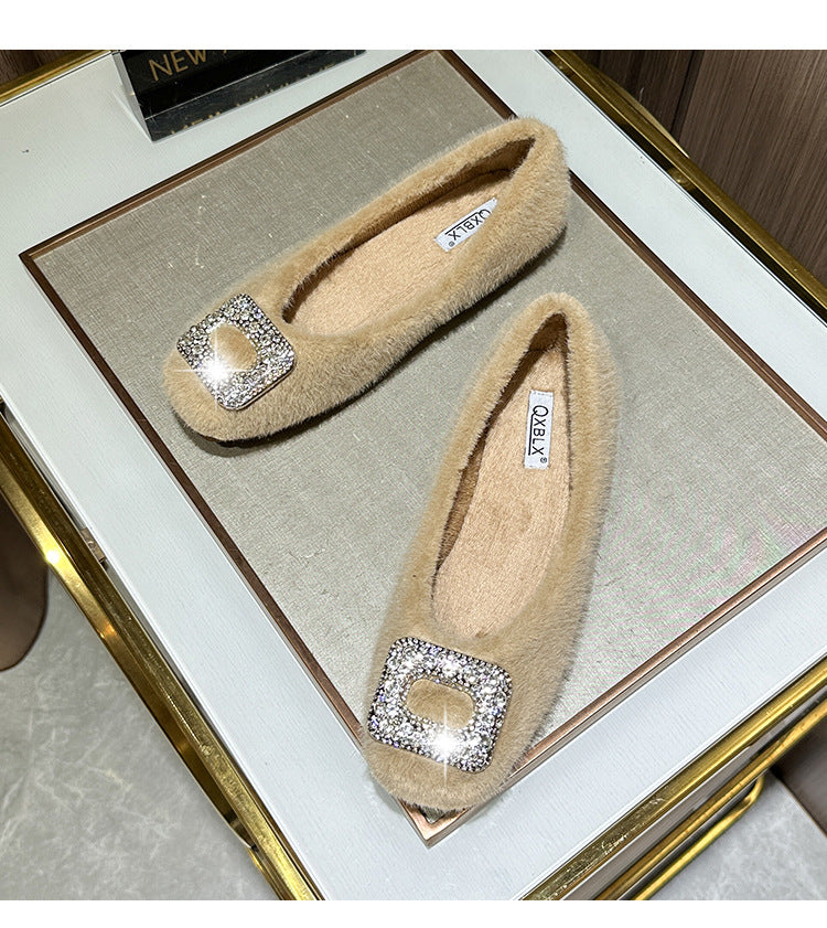 Nouvelles chaussures d'hiver fourrées pour femmes (2025) – Style coréen, bout carré, doublure en polaire et détails en strass, chaussures en coton pour femmes