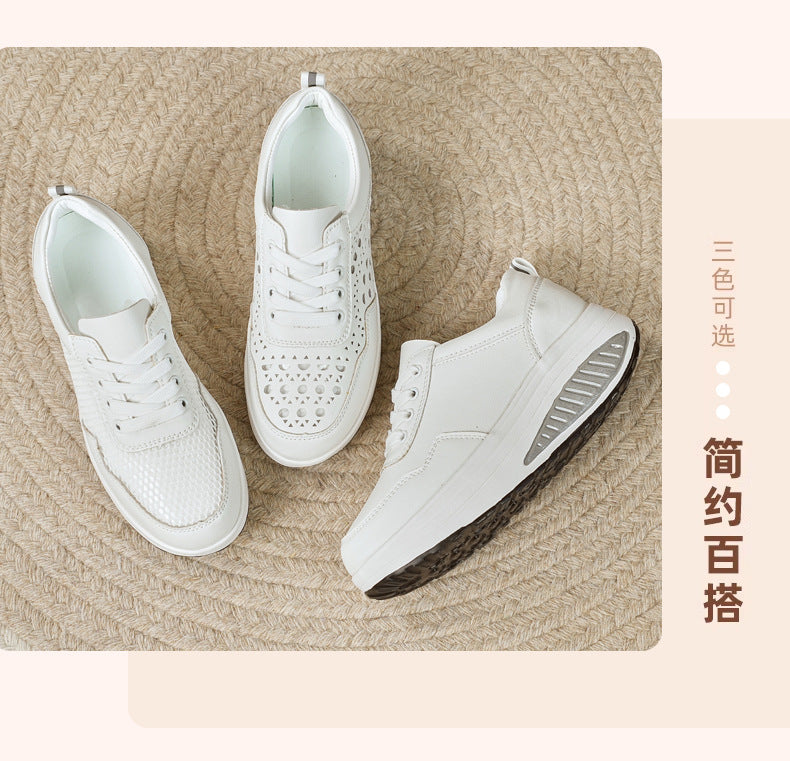 Baskets blanches populaires pour femme : modèle « rocking » (semelle incurvée) respirant – Idéales pour le sport et la marche (printemps/automne) – Semelles épaisses