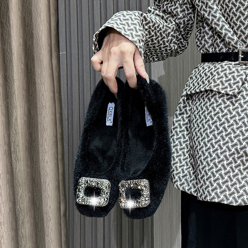 Nouvelles chaussures d'hiver fourrées pour femmes (2025) – Style coréen, bout carré, doublure en polaire et détails en strass, chaussures en coton pour femmes