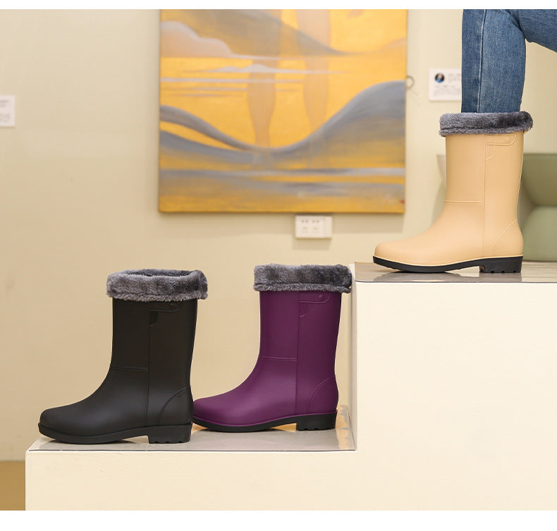 Bottes de pluie tendance pour femmes, hauteur mi-mollet, doublées de velours, antidérapantes et imperméables