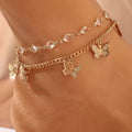 Bijou tendance style européen/américain – Bracelet de cheville double rang avec pendentif papillon en strass – Bijou de pied élégant et simple