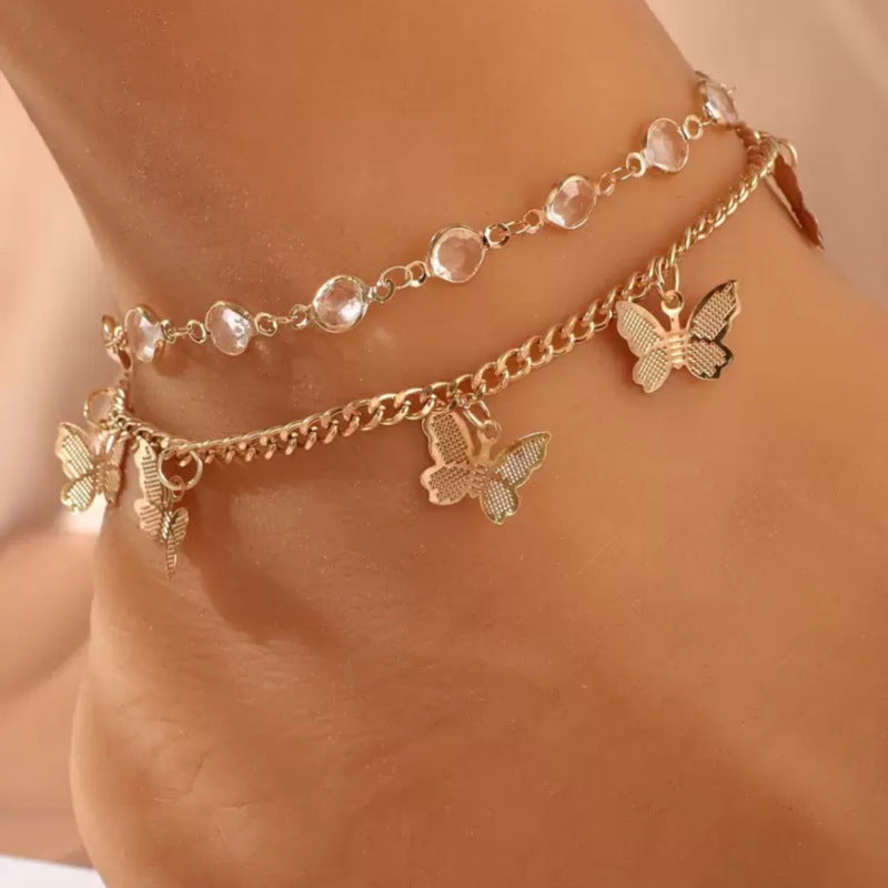 Bijou tendance style européen/américain – Bracelet de cheville double rang avec pendentif papillon en strass – Bijou de pied élégant et simple