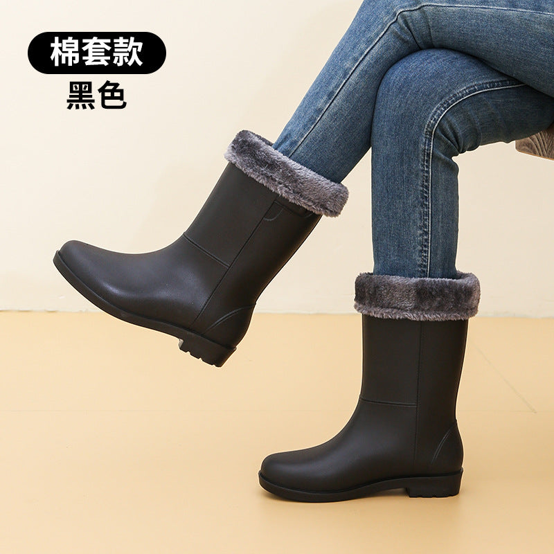 Bottes de pluie tendance pour femmes, hauteur mi-mollet, doublées de velours, antidérapantes et imperméables