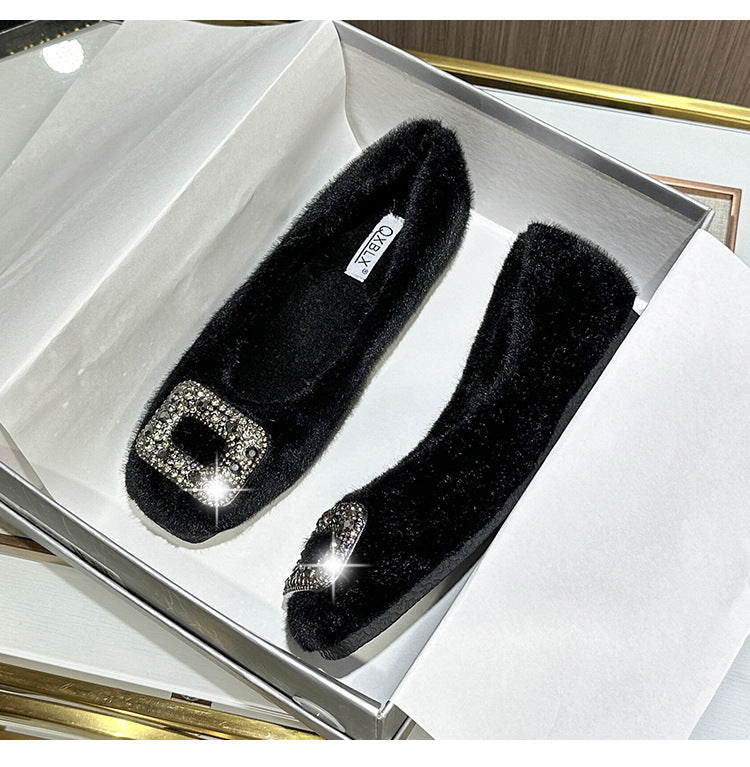 Nouvelles chaussures d'hiver fourrées pour femmes (2025) – Style coréen, bout carré, doublure en polaire et détails en strass, chaussures en coton pour femmes