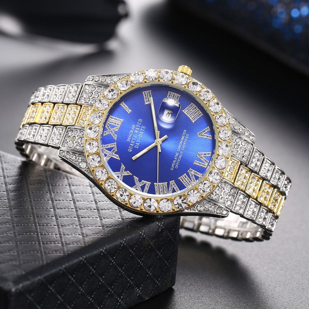 [Bross-Border Hot Item] 16-Piece Set of Various Diamond-Encrusted Watches, Diamond-Shaped Cuban Bracelets and Necklaces, Three-Piece Set