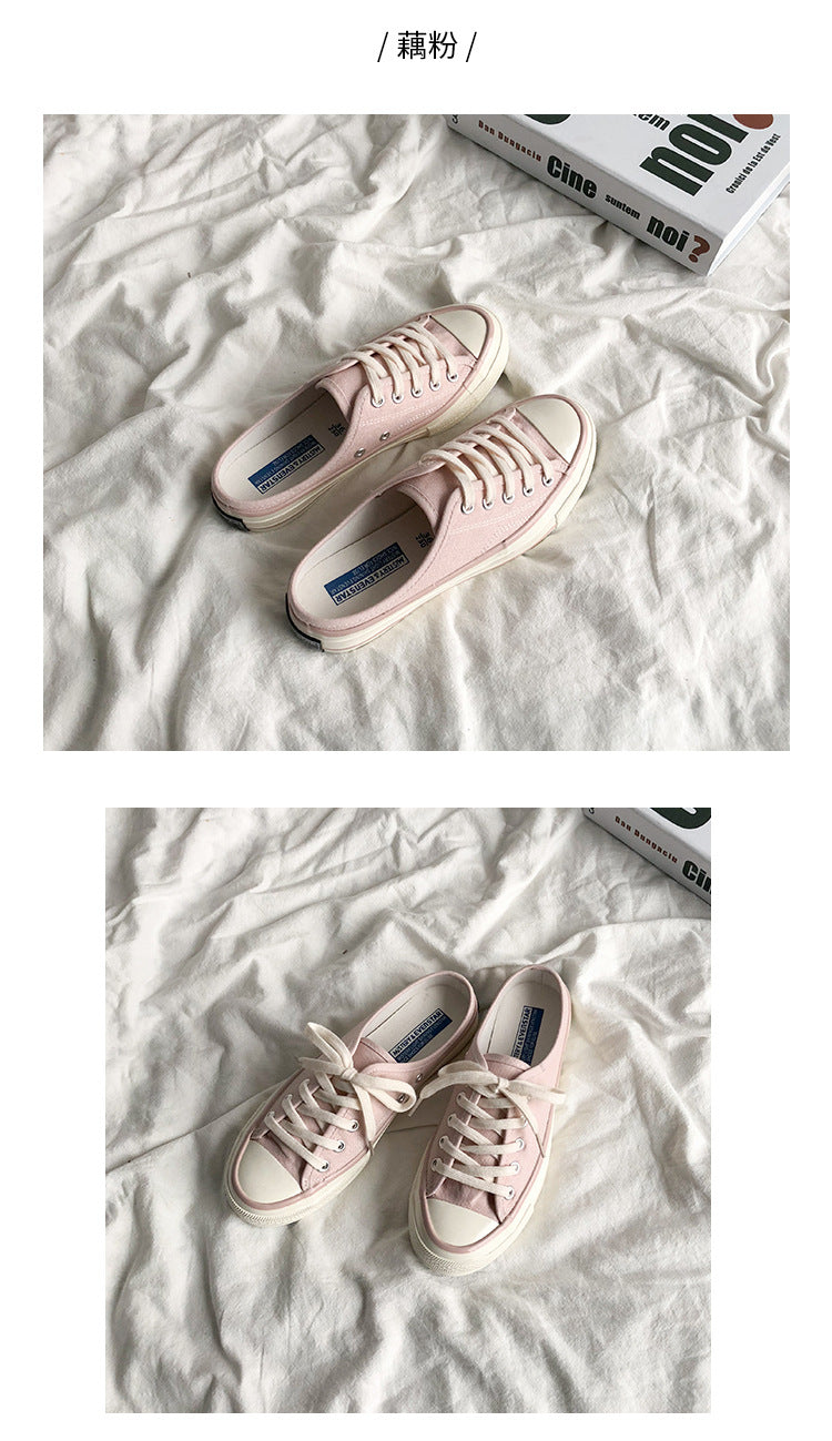 Mules en toile pour femme – Style coréen polyvalent 2025 – Slip-on sans talon façon « chaussons » tendance pour étudiantes