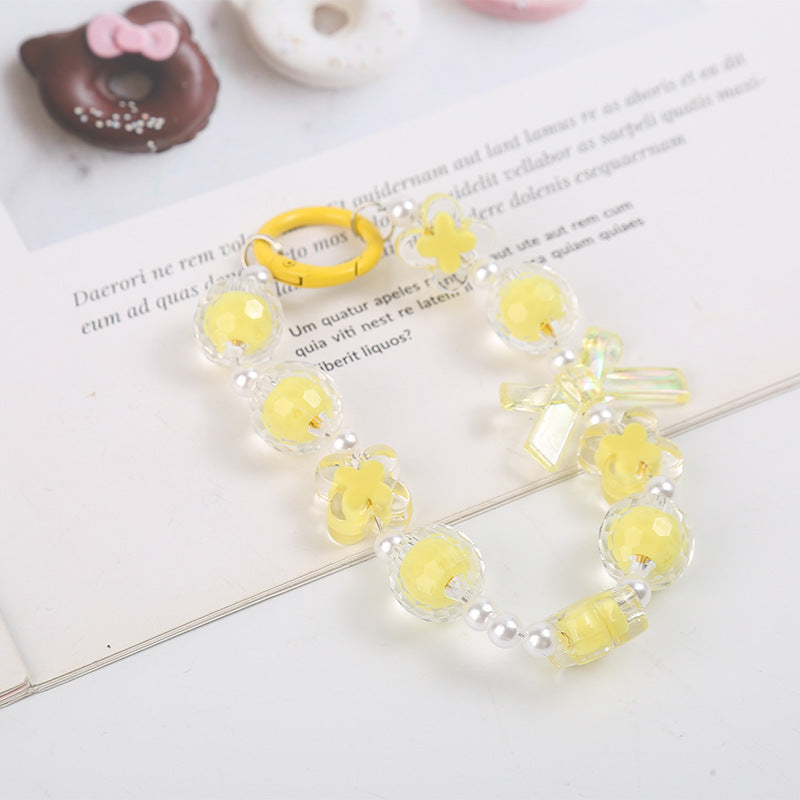 Japanese and Korean Ins Style Handmade Beaded Macaron Colorful Beads Mobile Phone Lanyard Flower Mobile Phone Chain Wrist Rope Wholesale