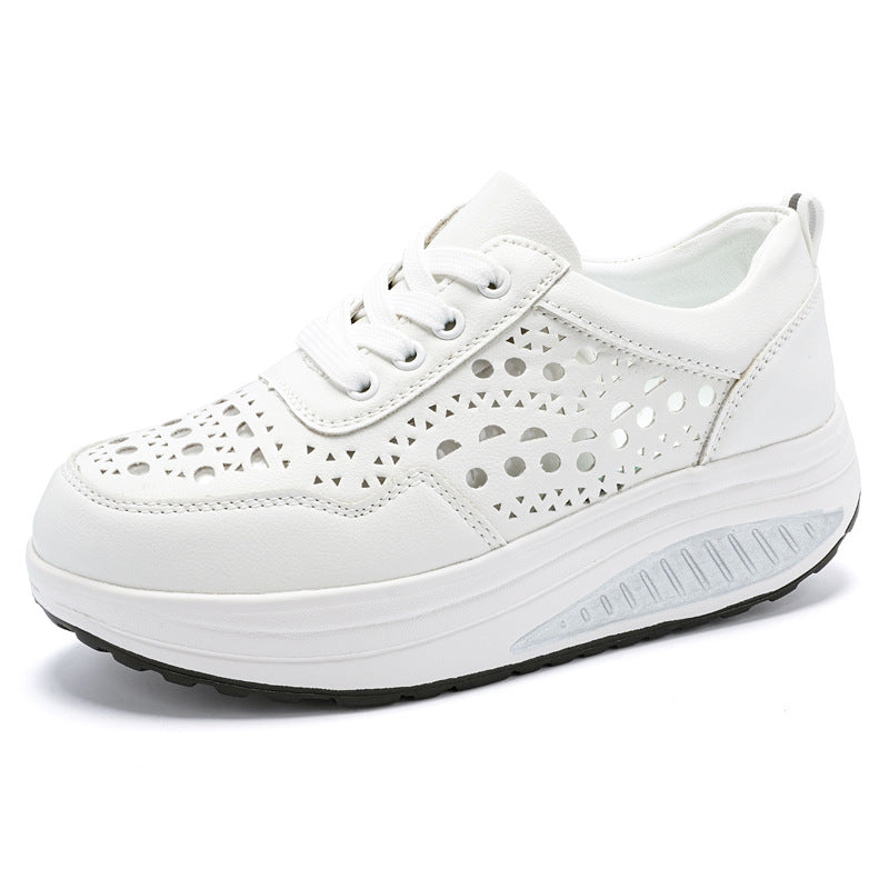 Baskets blanches populaires pour femme : modèle « rocking » (semelle incurvée) respirant – Idéales pour le sport et la marche (printemps/automne) – Semelles épaisses