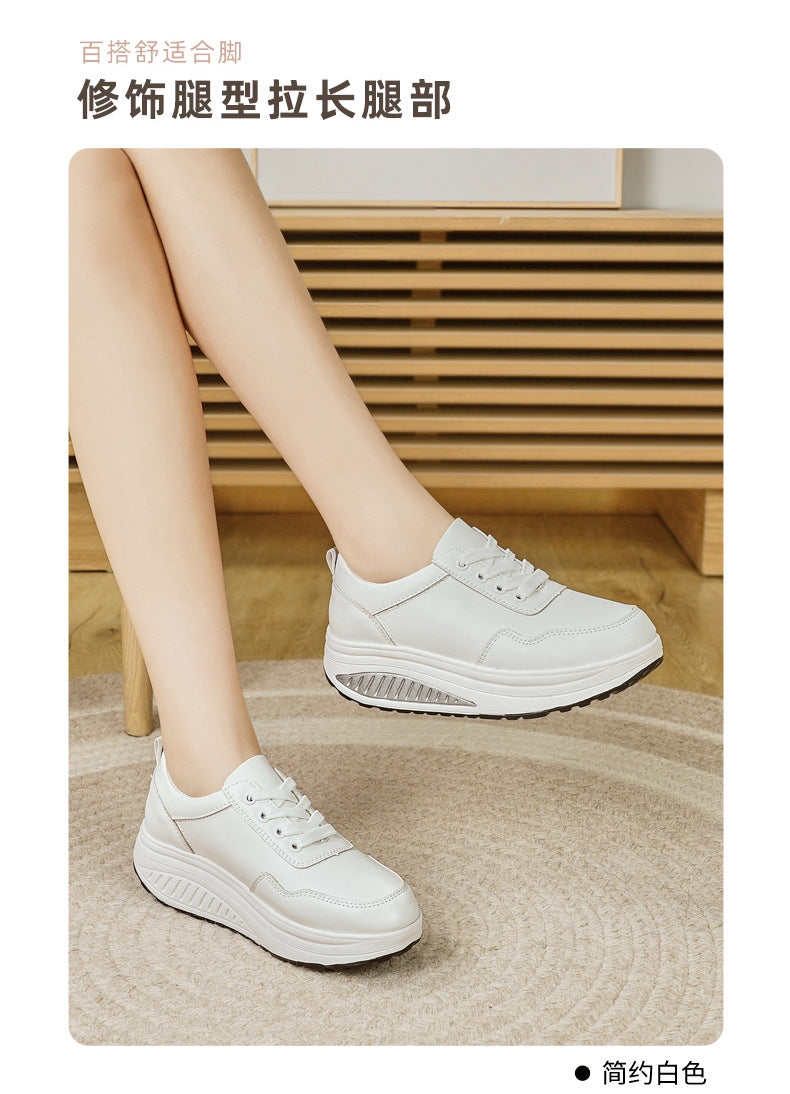 Baskets blanches populaires pour femme : modèle « rocking » (semelle incurvée) respirant – Idéales pour le sport et la marche (printemps/automne) – Semelles épaisses