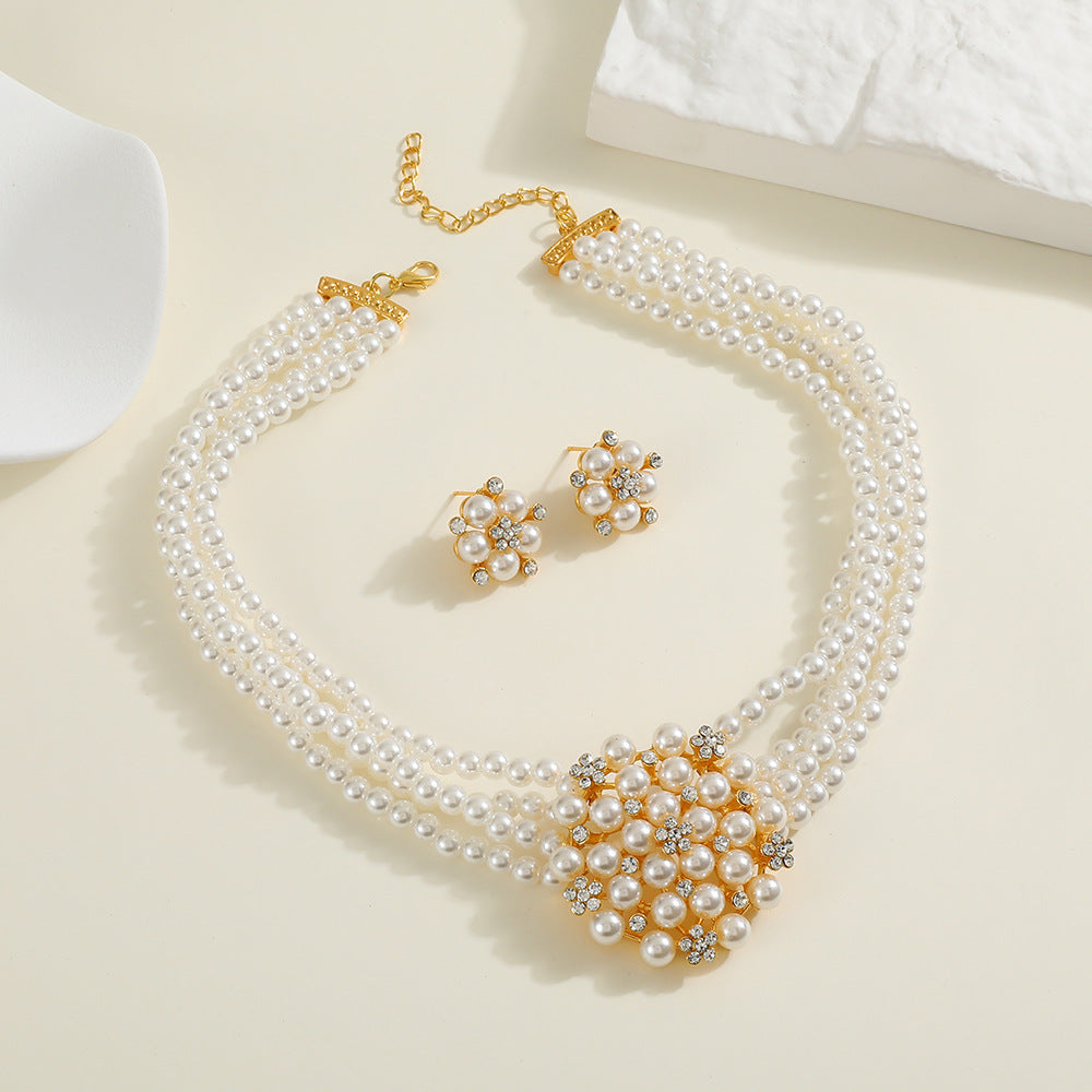 Cross-border Jewelry suit Women's Multi-row Pearl Necklace Earrings Three-piece Bridal Wedding Dress Accessories All-match Factory