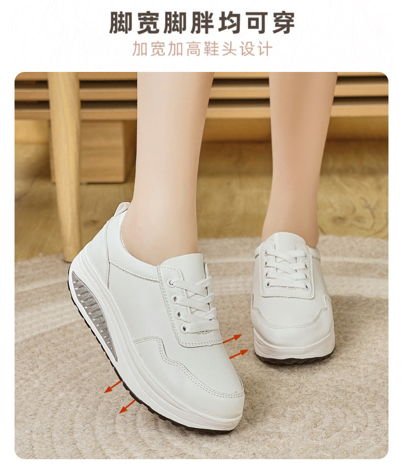 Baskets blanches populaires pour femme : modèle « rocking » (semelle incurvée) respirant – Idéales pour le sport et la marche (printemps/automne) – Semelles épaisses