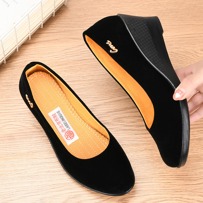 Chaussures noires en polyuréthane pour femme : semelles épaisses et talons compensés – Adaptées aux cérémonies ou au travail (hôtellerie) – Style traditionnel « Vieux Pékin »