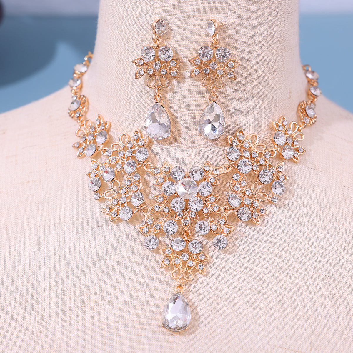European Bride Necklace Earrings Rhinestone Jewelry Cross-border Bride Wedding Dress Modeling Shooting Water Drop Necklace Accessories