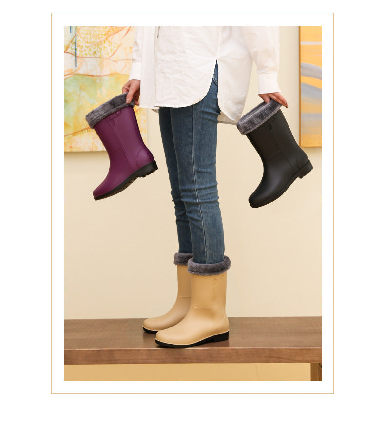 Bottes de pluie tendance pour femmes, hauteur mi-mollet, doublées de velours, antidérapantes et imperméables