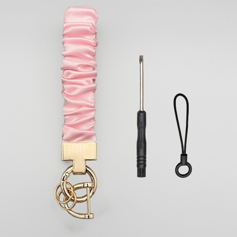 Long Mobile Phone Lanyard with a Neck-Hanging Design, Handmade Sturdy Pleated Fabric Phone Strap with Metal Buckle and Elastic Decorative Chain